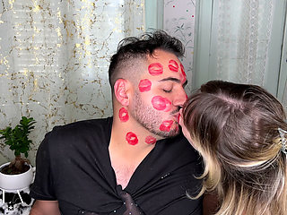 Red Lipstick Kisses Cover His Entire Face