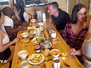 4 Charming Slim Bubble-assed Babes Share BBC & BWC In a Crazy Orgy In Their Mountain Chalet