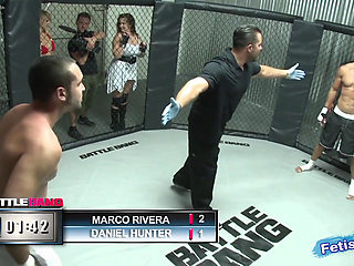 Muscular guy looses fight and have sex with chubby brunette as punishment