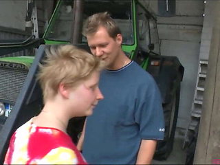 Ugly chubby blonde boss fucks her employee in garage, swallows his cum