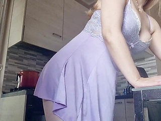 Hot Girl in the Kitchen Without Panties
