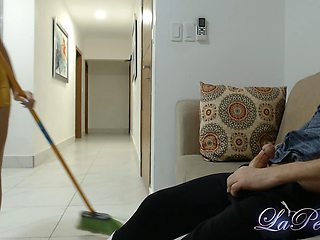 18 Years Old CFNM, Old Man Self Hand Job Watching Young and Sexy Cleaning Lady