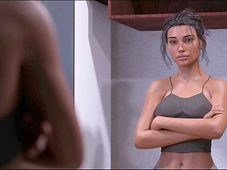 Risque visual novel game featuring a petite brunette with big tits