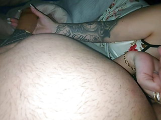 Step mom head slip on step son chest while handjob his dick