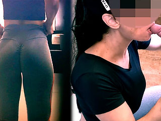 Naughty wife grabs gym staff in the bathroom and walks out with a messy face