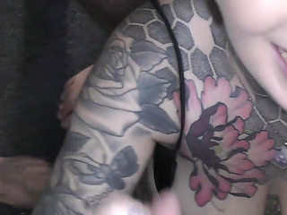 Hot Babe with an Amazing Tattoed Body Enters a Bukkake Party