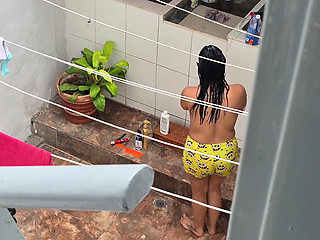 My Neighbor From the House Below Bathes Outside and Was Discovered by Me.