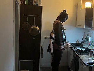 Dominant MILF Stretches Latex Sub's Ass Wide in Kitchen