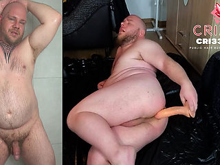 Cri33Y, the filthy hairy chubby, fucks himself so hard with the dildo that the sperm is spraying everywhere.