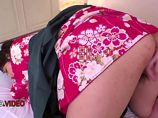 Wild Japanese wife in kimono fucks intensely after a hot blowjob