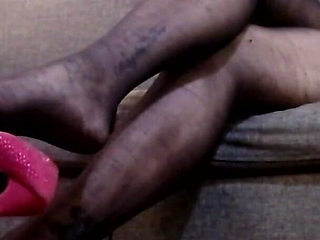 Black Nylon Pantyhose Dangling Hot Pink Heels