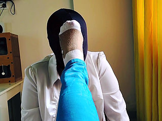 A slave gives me a foot massage in socks and sniffs my firm legs. Sock fetish, foot worship. POV.