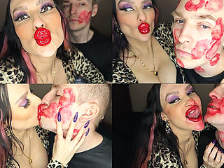 Juicy Sticky Loud Aggressive Kisses All Over a Guy's Face with Red Lipstick