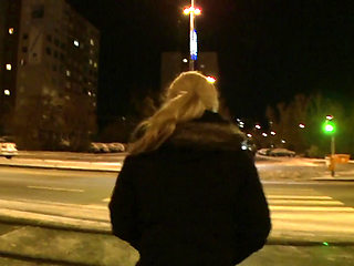 Sexy horny blonde sucks his cock outdoor in POV