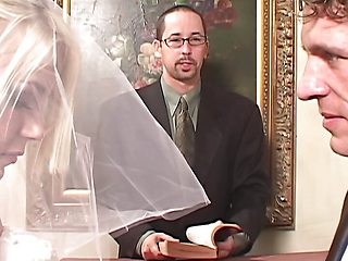 pervert husband let new married wife in wedding night fuck by two latex strangers