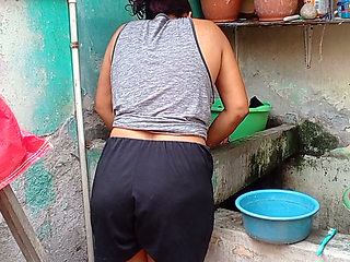 My stepmom was washing clothes and she even me like a puppy before dad went out to the yard