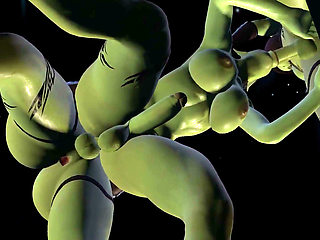 Threesome Standing Fuck with 3 Futanari Ork Dickgirls