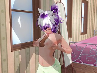 3D Hentai Girlfriend in Green Pajamas Rubs Cock with Boobs and Sucks It