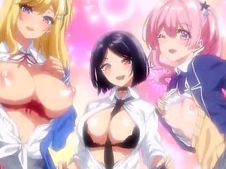 Hot hentai with horny schoolgirls with big boobs seducing a lucky guy