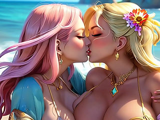 beautiful girls kissing on beach (Ai models)
