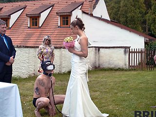 Andrea’s shaved pussy gets licked by her new husband on their wedding day