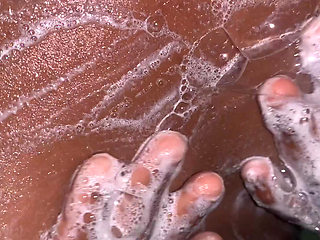 Hot petite Ebony babe enjoys Solo Moment in the bathroom caressing her small boobs