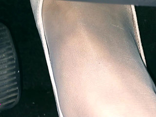 Revving and Crazy Pedal Pumping in White Stockings and White High Peeptoed Heeled Sandals