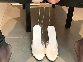 Cum and Piss on White High Heel Mules