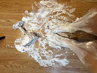 Playing with a fruit bowl and a whipped cream with ma feet