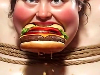 Tied up SSBBW Eats Massive Meal While Kneeling - Belly Stuffing