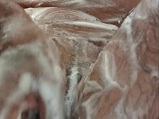 Solo beautiful big all in foam, unpleasant hand masturbation!