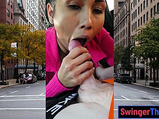 Thai MILF big cock car blowjob in public