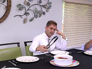 Family dinner ends up with a relentless pussy fucking