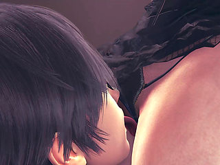 Busty Blonde Anime Girl in 3D Hentai - Standing Pussy Licking, Chair Teasing, and Squirt