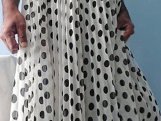 I'm masterbating wearing a Silk Seethrough chiffon black and white polka dots pleated Skirt