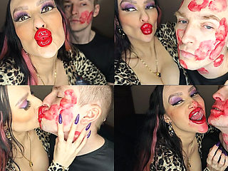 Juicy Sticky Loud Aggressive Kisses All Over a Guy's Face with Red Lipstick