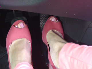 Barefoot Driving and Revving in Vivid Pink High Heeled Sandals