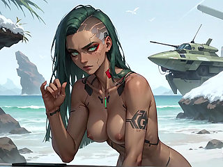 Green Hair Cybernetic Babe Sips Coffee on the Beach
