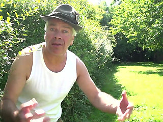 Blonde Milf gets caught masturbating outdoor and fucks