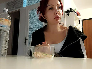 Lots of big burps while she eats for the beautiful redhead