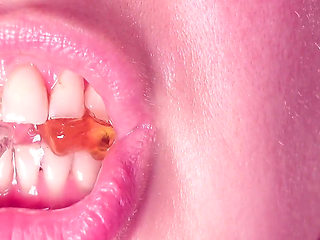 Asmr: Eating Jelly Teddybears Candies. Chewing. Mouth Close-up.