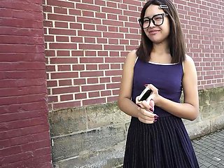 Cute Asian nerdy girl in glasses is picked up for her first casting sex