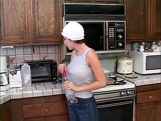 Sexy blonde and big boobs red hair lesbians dildo sucking pussy dildo penetrated in the kitchen
