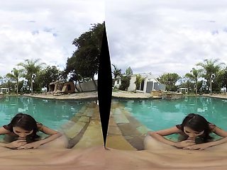 Amazing busty brunette slut doing blowjob outdoor