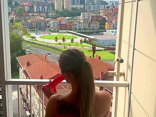 Busty Blonde Masturbates on the BALCONY and Squirts !