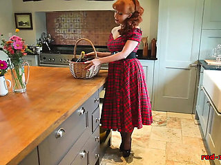 Horny Housewife Red Xxx Masturbates With Black Dildo On Kitchen Floor