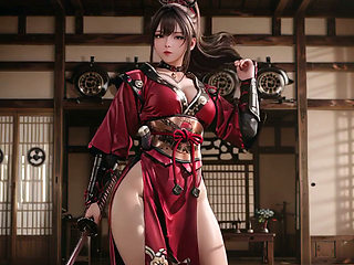 Crimson Samurai! Red-haired warrior kneeling in the sun, transitioning from silent grace to explosive sword strikes.