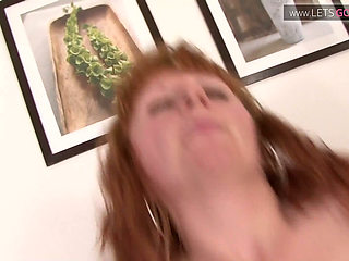 Hairy Katja spreads legs as a huge cock thrusts her cunt hard