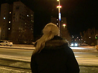 Sexy horny blonde sucks his cock outdoor in POV