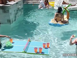 Lesbian College Teens Double-Penetrate Pool Bash